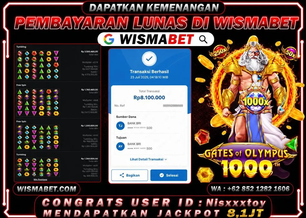 Wismabet - BUKTI KEMENANGAN Gates Of Olympus x1000 Rp8,200,000,- LUNAS